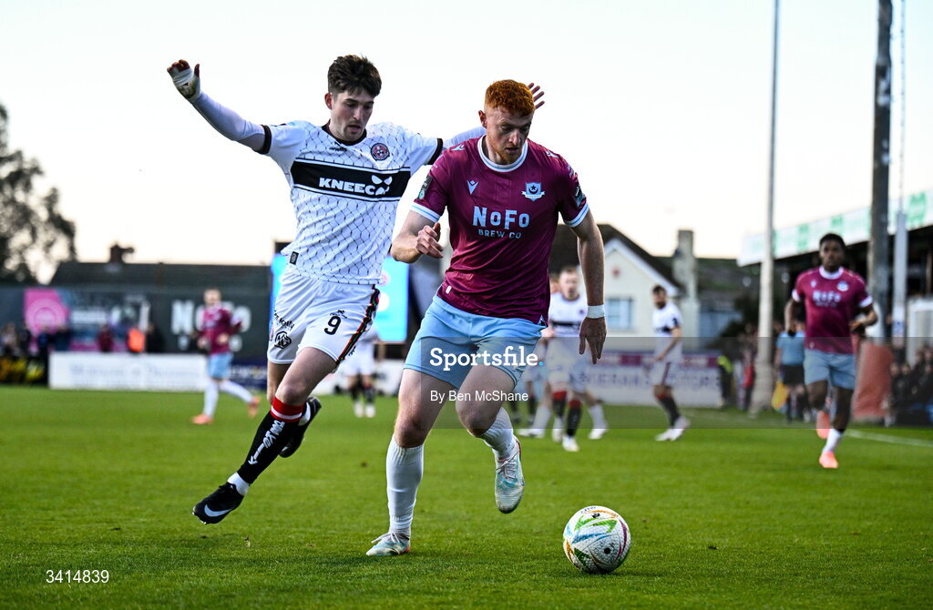 3 April 2026; James Bolger of Drogheda United in action against Colm Whelan of Bohemians during the SSE Airtricity Men's Premier Division match between Drogheda United and Bohemians at Sullivan & Lambe Park in Drogheda, Louth. Photo by Ben McShane/Sportsfile