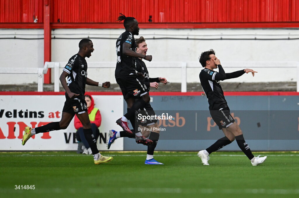 3 April 2026; Archie Meekison of Sligo Rovers celebrates after scoring his side's first goal during the SSE Airtricity Men's Premier Division match between St Patrick's Athletic and Sligo Rovers at Richmond Park in Dublin. Photo by Paul Phelan/Sportsfile