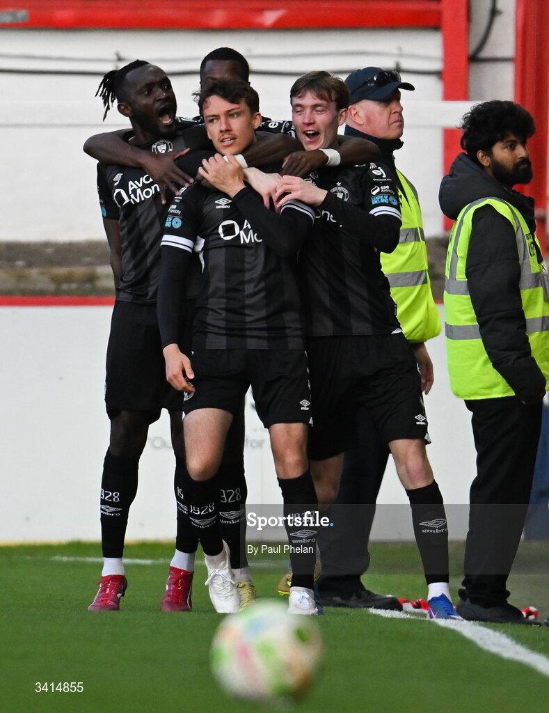 3 April 2026; Archie Meekison of Sligo Rovers celebrates after scoring his side's first goal during the SSE Airtricity Men's Premier Division match between St Patrick's Athletic and Sligo Rovers at Richmond Park in Dublin. Photo by Paul Phelan/Sportsfile