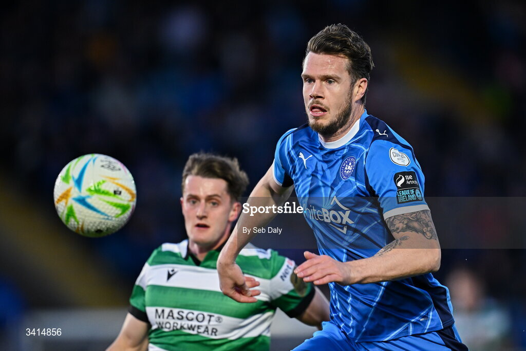 3 April 2026; Kevin Long of Waterford in action against John McGovern of Shamrock Rovers during the SSE Airtricity Men's Premier Division match between Waterford and Shamrock Rovers at the RSC in Waterford. Photo by Seb Daly/Sportsfile