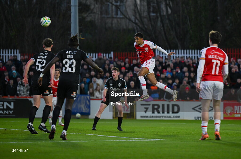 3 April 2026; Romal Palmer of St Patrick's Athletic heads his side's first goal during the SSE Airtricity Men's Premier Division match between St Patrick's Athletic and Sligo Rovers at Richmond Park in Dublin. Photo by Paul Phelan/Sportsfile