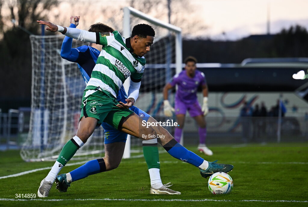 3 April 2026; Maleace Asamoah of Shamrock Rovers in action against Alan Zborowski of Waterford during the SSE Airtricity Men's Premier Division match between Waterford and Shamrock Rovers at the RSC in Waterford. Photo by Seb Daly/Sportsfile