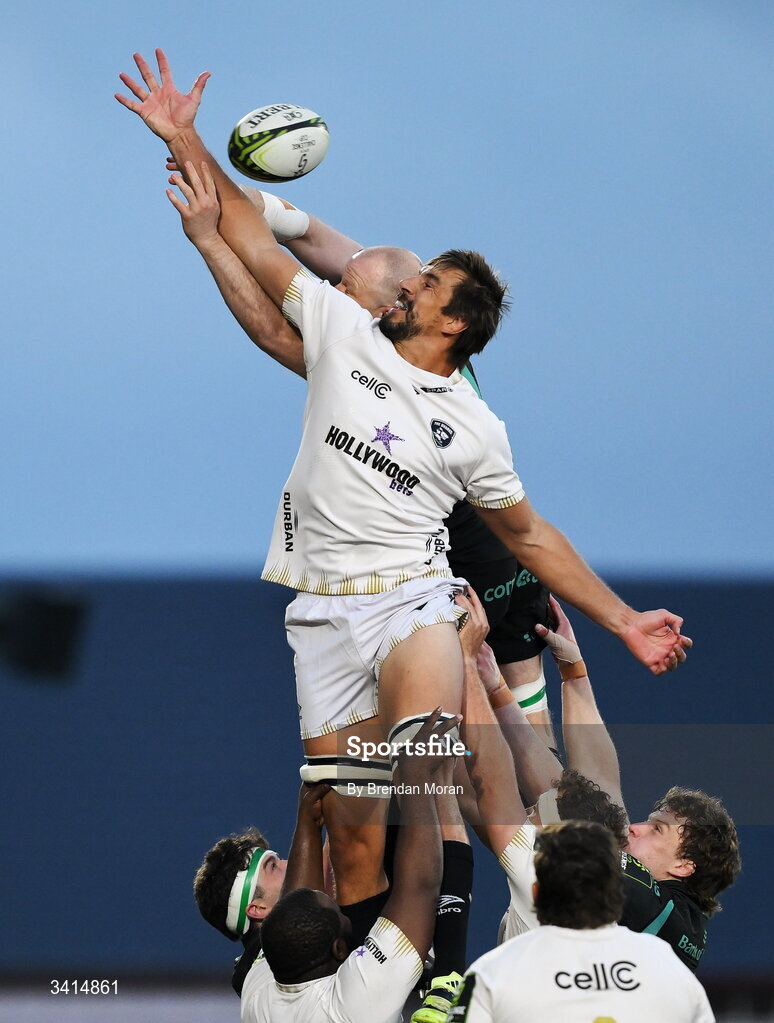 3 April 2026; Eben Etzebeth of Hollywoodbets Sharks and Joe Joyce of Connacht contest a lineout during the EPCR Challenge Cup match between Connacht and Hollywoodbets Sharks at Dexcom Stadium in Galway. Photo by Brendan Moran/Sportsfile