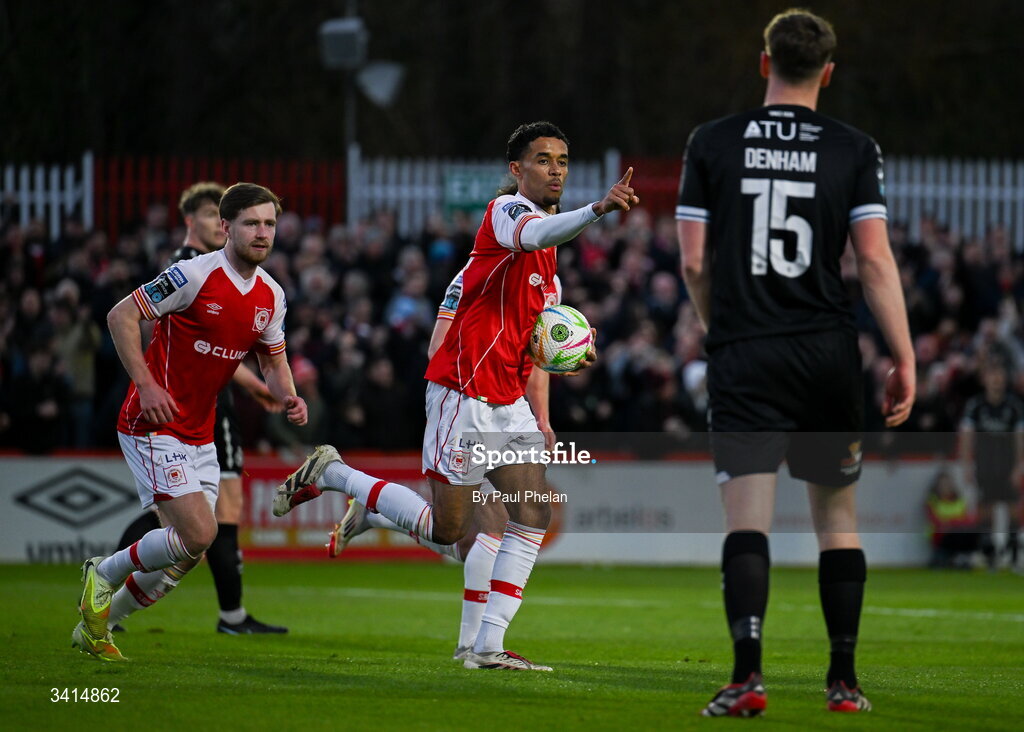 3 April 2026; Romal Palmer of St Patrick's Athletic celebrates after scoring his side's first goal during the SSE Airtricity Men's Premier Division match between St Patrick's Athletic and Sligo Rovers at Richmond Park in Dublin. Photo by Paul Phelan/Sportsfile