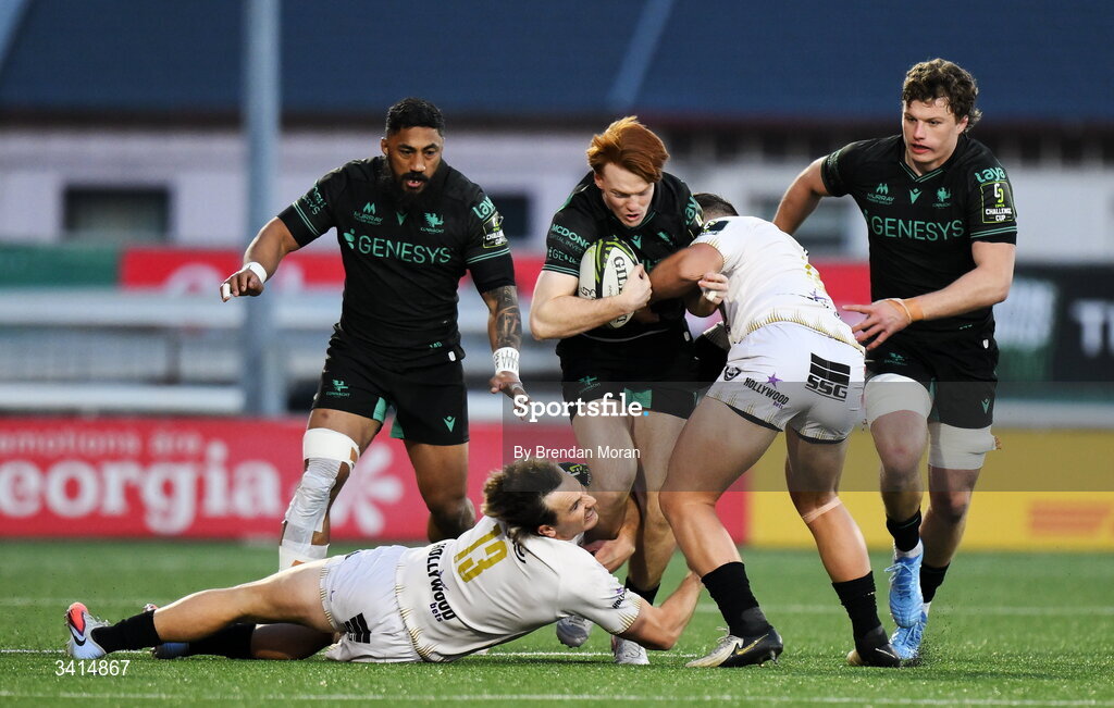 3 April 2026; Shane Jennings of Connacht is tackled by Le Roux Malan and Marnus Potgieter of Hollywoodbets Sharks during the EPCR Challenge Cup match between Connacht and Hollywoodbets Sharks at Dexcom Stadium in Galway. Photo by Brendan Moran/Sportsfile