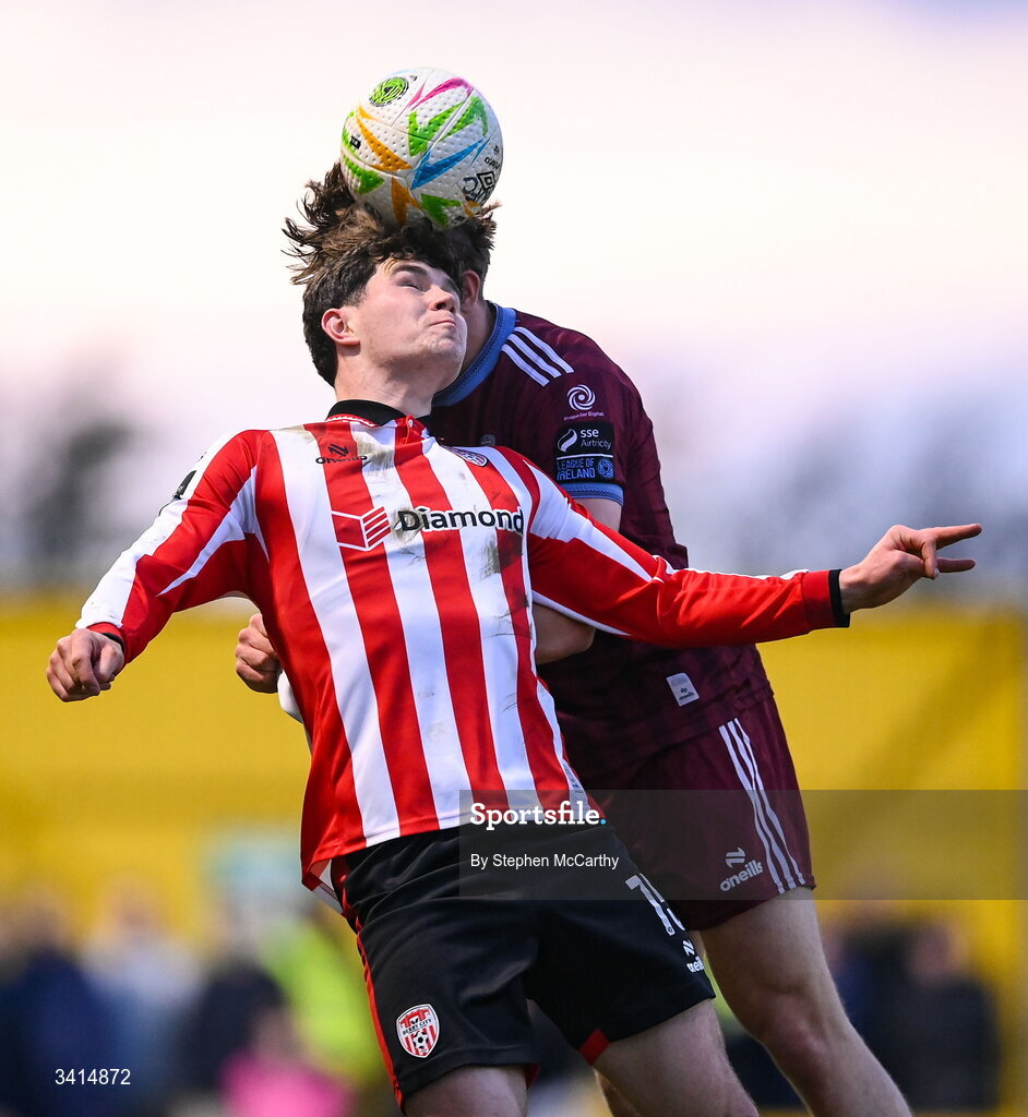 3 April 2026; James Clarke of Derry City in action against Arthur Parker of Galway United during the SSE Airtricity Men's Premier Division match between Galway United and Derry City at Eamonn Deacy Park in Galway. Photo by Stephen McCarthy/Sportsfile
