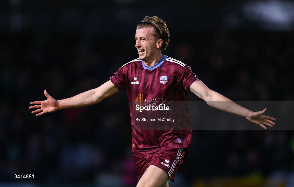 3 April 2026; David Hurley of Galway United celebrates after scoring his side's first goal during the SSE Airtricity Men's Premier Division match between Galway United and Derry City at Eamonn Deacy Park in Galway. Photo by Stephen McCarthy/Sportsfile