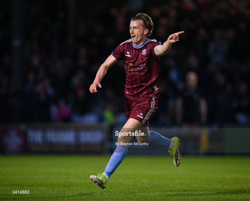 3 April 2026; David Hurley of Galway United celebrates after scoring his side's first goal during the SSE Airtricity Men's Premier Division match between Galway United and Derry City at Eamonn Deacy Park in Galway. Photo by Stephen McCarthy/Sportsfile