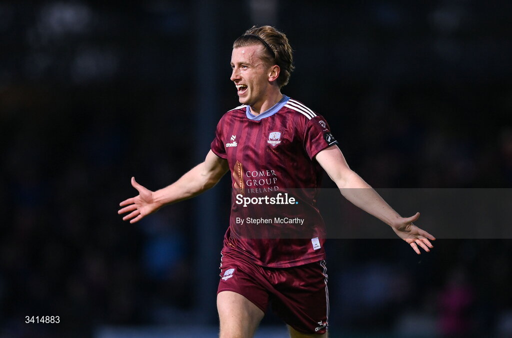 3 April 2026; David Hurley of Galway United celebrates after scoring his side's first goal during the SSE Airtricity Men's Premier Division match between Galway United and Derry City at Eamonn Deacy Park in Galway. Photo by Stephen McCarthy/Sportsfile