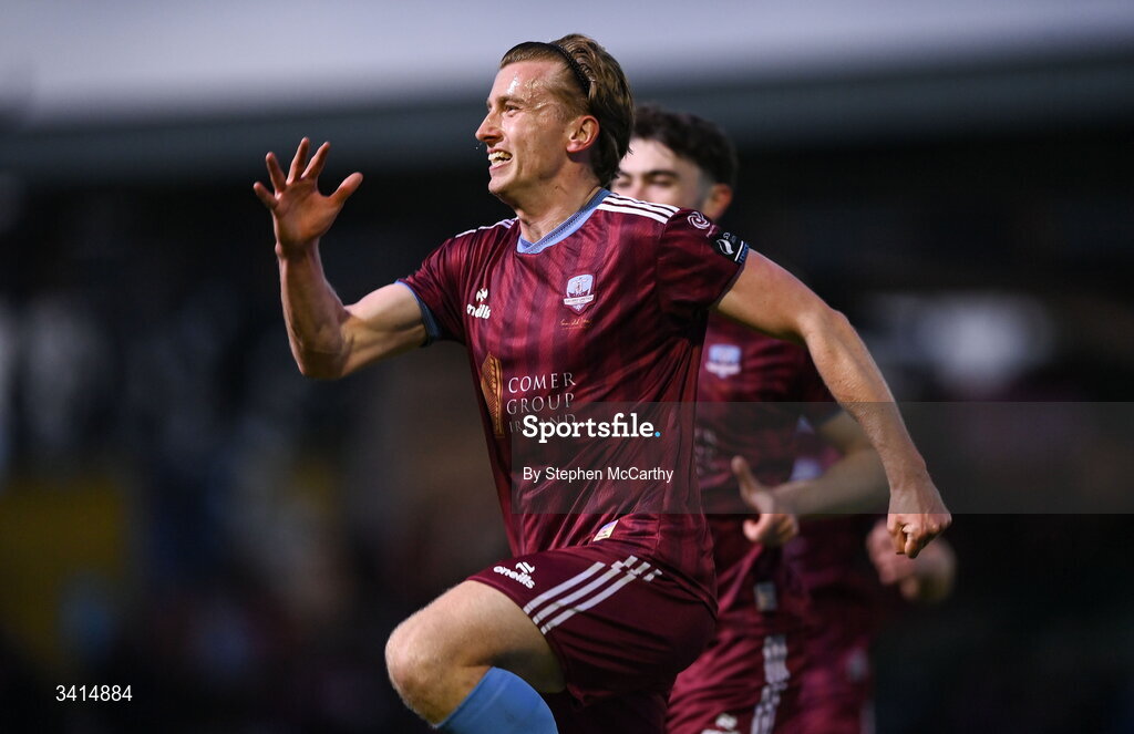 3 April 2026; David Hurley of Galway United celebrates after scoring his side's first goal during the SSE Airtricity Men's Premier Division match between Galway United and Derry City at Eamonn Deacy Park in Galway. Photo by Stephen McCarthy/Sportsfile