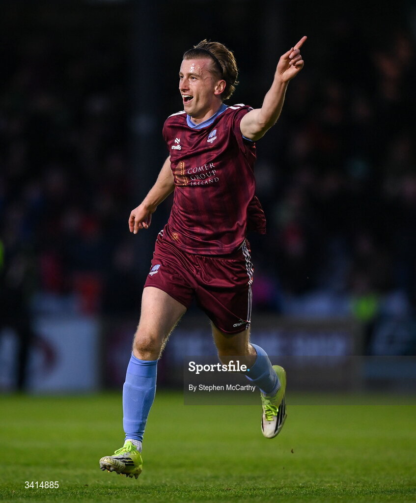 3 April 2026; David Hurley of Galway United celebrates after scoring his side's first goal during the SSE Airtricity Men's Premier Division match between Galway United and Derry City at Eamonn Deacy Park in Galway. Photo by Stephen McCarthy/Sportsfile