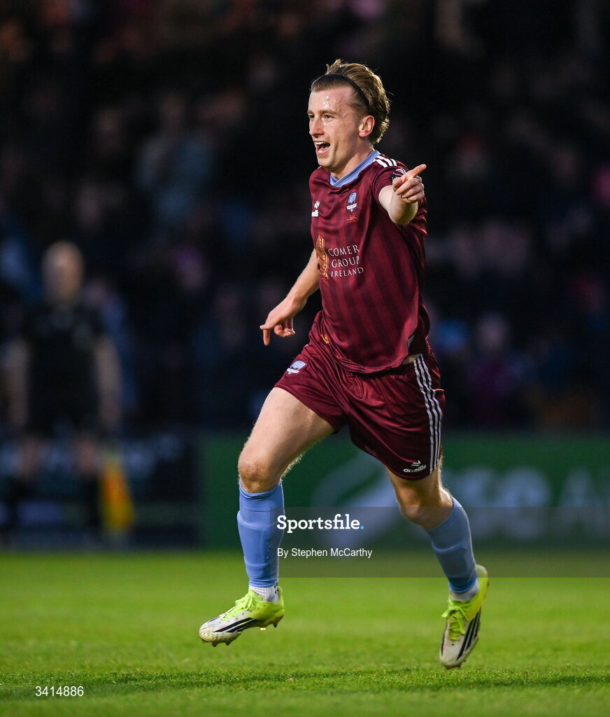 3 April 2026; David Hurley of Galway United celebrates after scoring his side's first goal during the SSE Airtricity Men's Premier Division match between Galway United and Derry City at Eamonn Deacy Park in Galway. Photo by Stephen McCarthy/Sportsfile