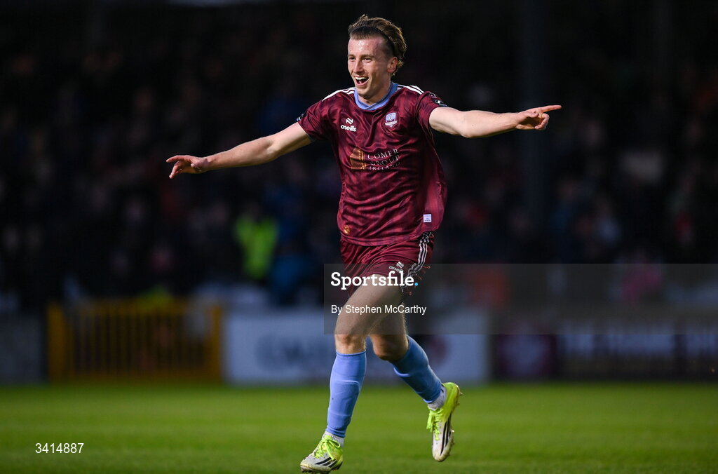 3 April 2026; David Hurley of Galway United celebrates after scoring his side's first goal during the SSE Airtricity Men's Premier Division match between Galway United and Derry City at Eamonn Deacy Park in Galway. Photo by Stephen McCarthy/Sportsfile