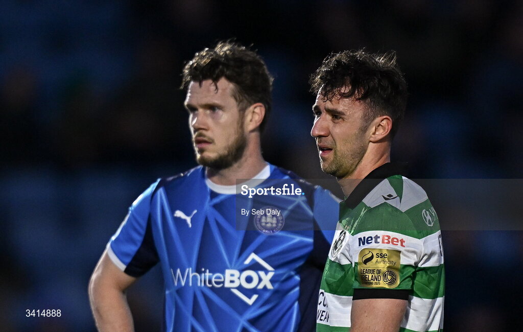 3 April 2026; Enda Stevens of Shamrock Rovers, right, and Kevin Long of Waterford during the SSE Airtricity Men's Premier Division match between Waterford and Shamrock Rovers at the RSC in Waterford. Photo by Seb Daly/Sportsfile