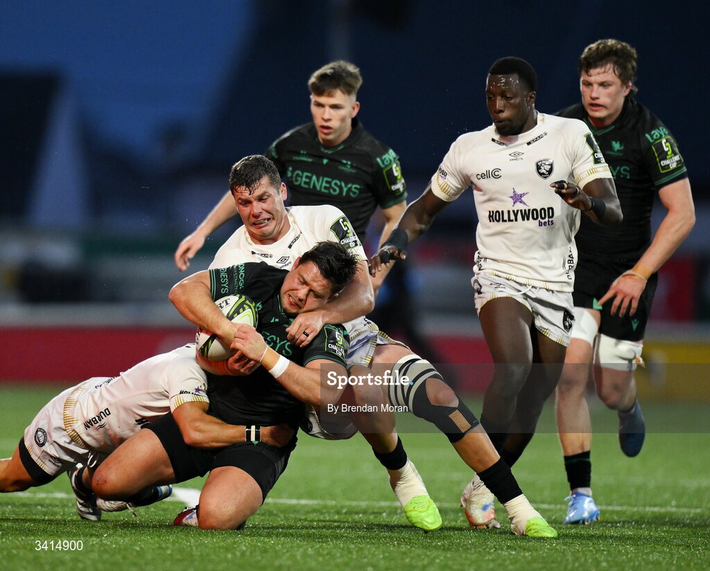 3 April 2026; Dave Heffernan of Connacht is tackled by Ross Braude and Deon Slabbert of Hollywoodbets Sharks during the EPCR Challenge Cup match between Connacht and Hollywoodbets Sharks at Dexcom Stadium in Galway. Photo by Brendan Moran/Sportsfile