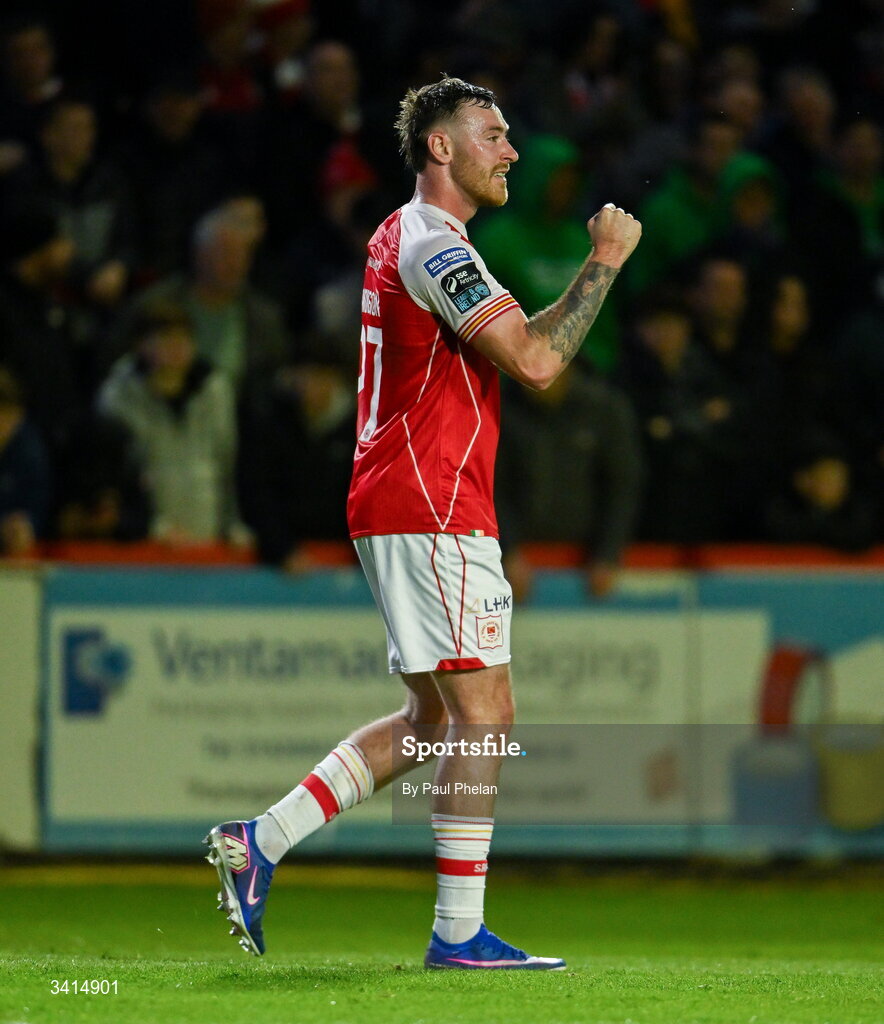 3 April 2026; Ryan Edmondson of St Patrick's Athletic celebrates after scoring his side's second goal during the SSE Airtricity Men's Premier Division match between St Patrick's Athletic and Sligo Rovers at Richmond Park in Dublin. Photo by Paul Phelan/Sportsfile