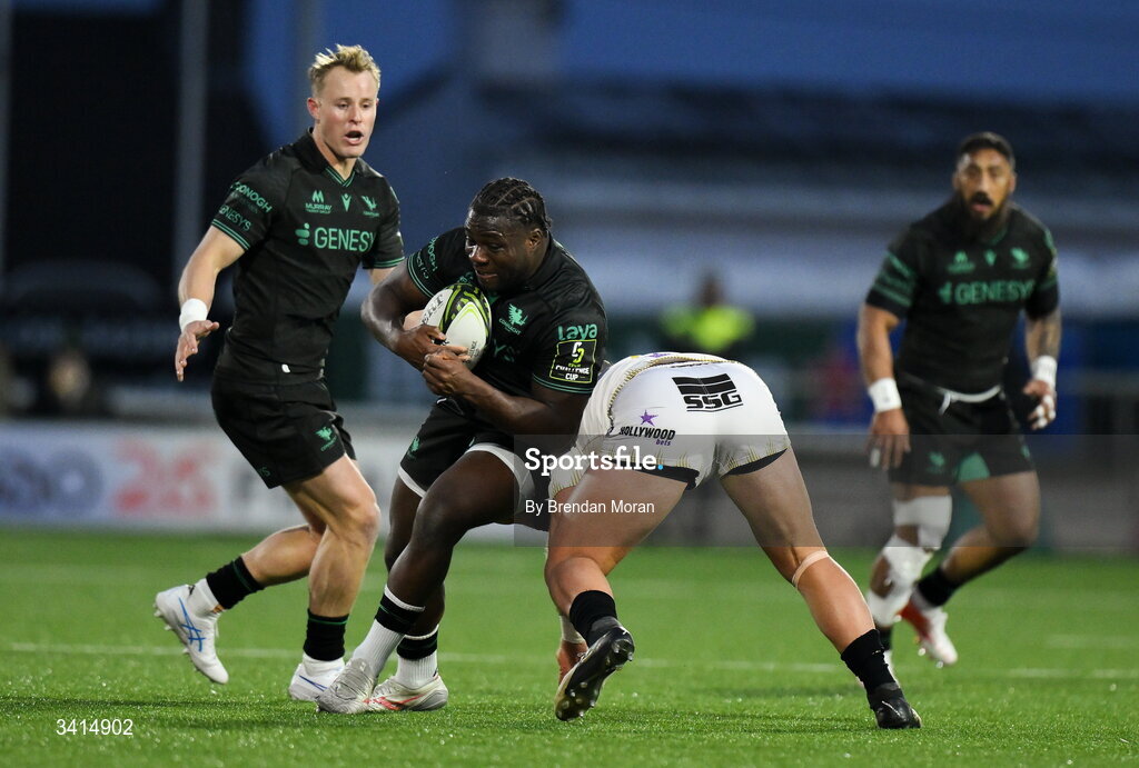 3 April 2026; Sam Illo of Connacht is tackled by Marnus Potgieter of Hollywoodbets Sharks during the EPCR Challenge Cup match between Connacht and Hollywoodbets Sharks at Dexcom Stadium in Galway. Photo by Brendan Moran/Sportsfile