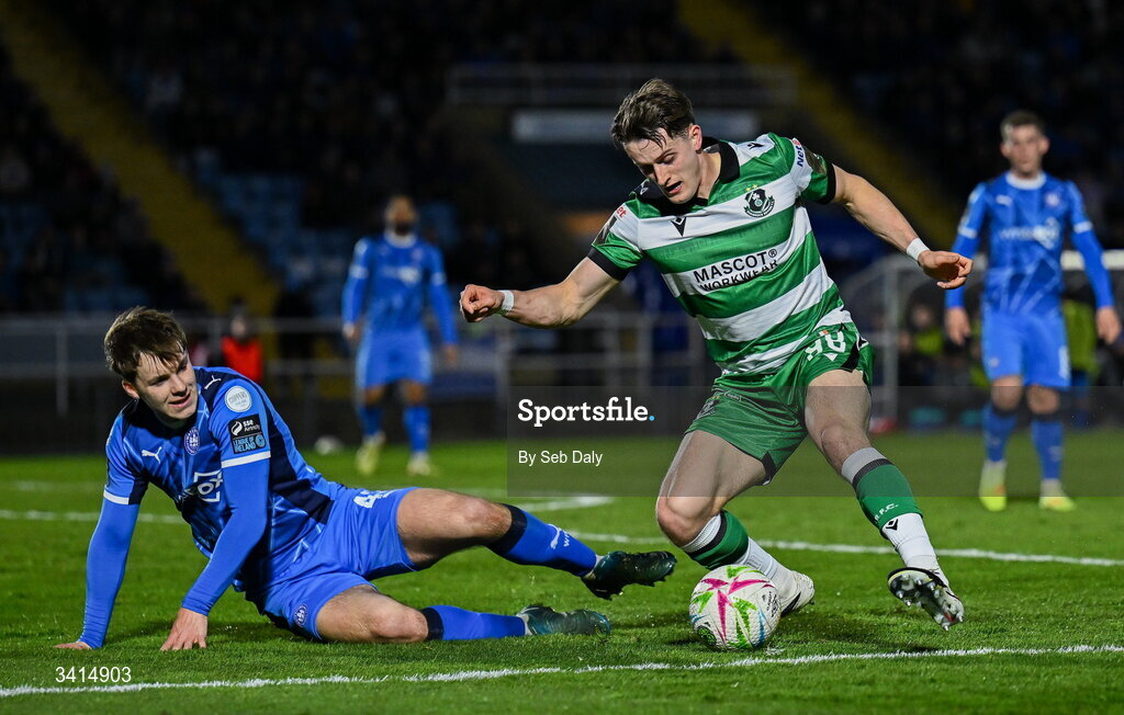 3 April 2026; John McGovern of Shamrock Rovers in action against Alan Zborowski of Waterford during the SSE Airtricity Men's Premier Division match between Waterford and Shamrock Rovers at the RSC in Waterford. Photo by Seb Daly/Sportsfile