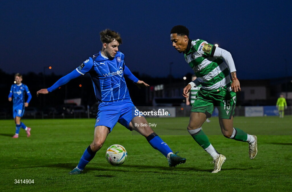 3 April 2026; Maleace Asamoah of Shamrock Rovers in action against Alan Zborowski of Waterford during the SSE Airtricity Men's Premier Division match between Waterford and Shamrock Rovers at the RSC in Waterford. Photo by Seb Daly/Sportsfile