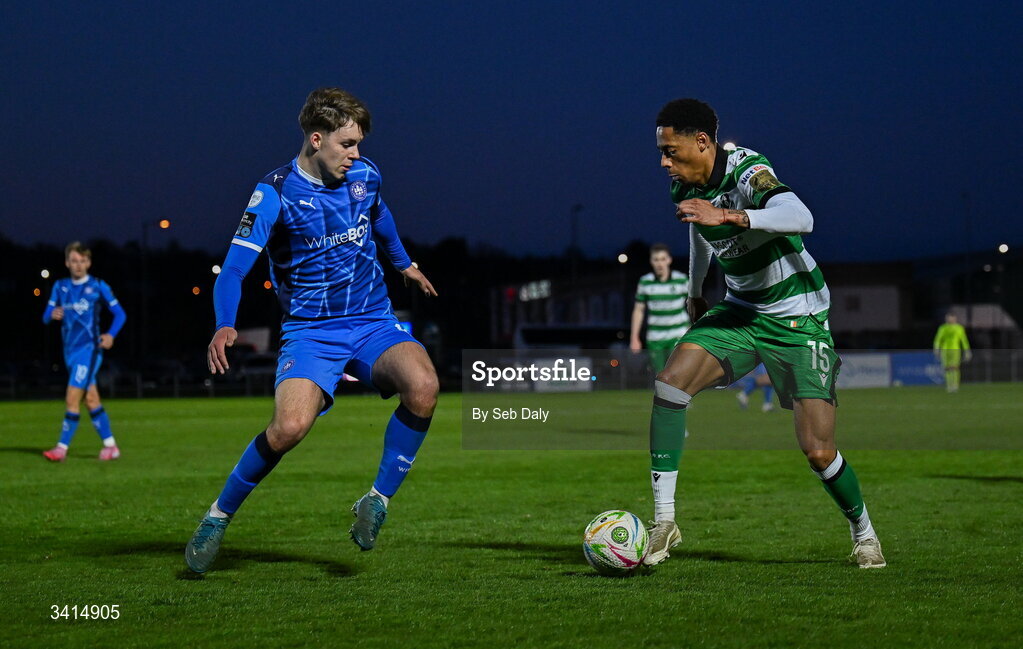 3 April 2026; Maleace Asamoah of Shamrock Rovers in action against Alan Zborowski of Waterford during the SSE Airtricity Men's Premier Division match between Waterford and Shamrock Rovers at the RSC in Waterford. Photo by Seb Daly/Sportsfile