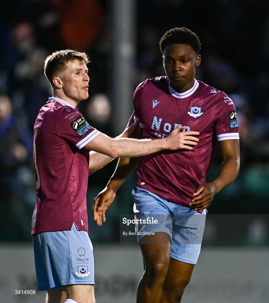 3 April 2026; Conor Kane, left, and Edwin Agbaje of Drogheda United celebrate a clearance during the SSE Airtricity Men's Premier Division match between Drogheda United and Bohemians at Sullivan & Lambe Park in Drogheda, Louth. Photo by Ben McShane/Sportsfile