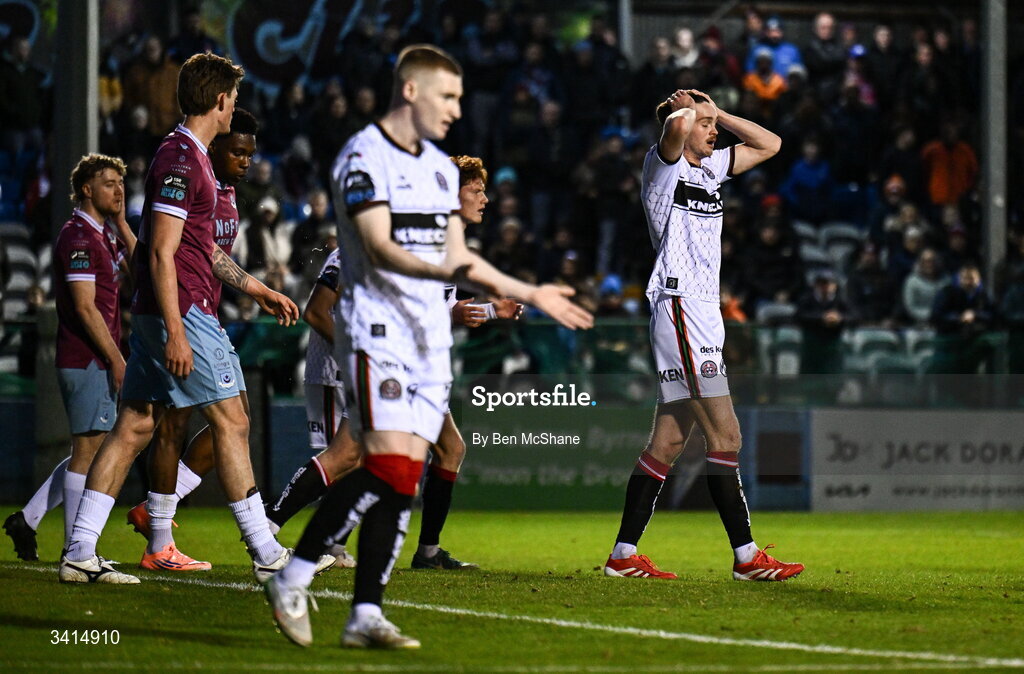 3 April 2026; Patrick Hickey of Bohemians reacts after a missed opportunity on goal during the SSE Airtricity Men's Premier Division match between Drogheda United and Bohemians at Sullivan & Lambe Park in Drogheda, Louth. Photo by Ben McShane/Sportsfile