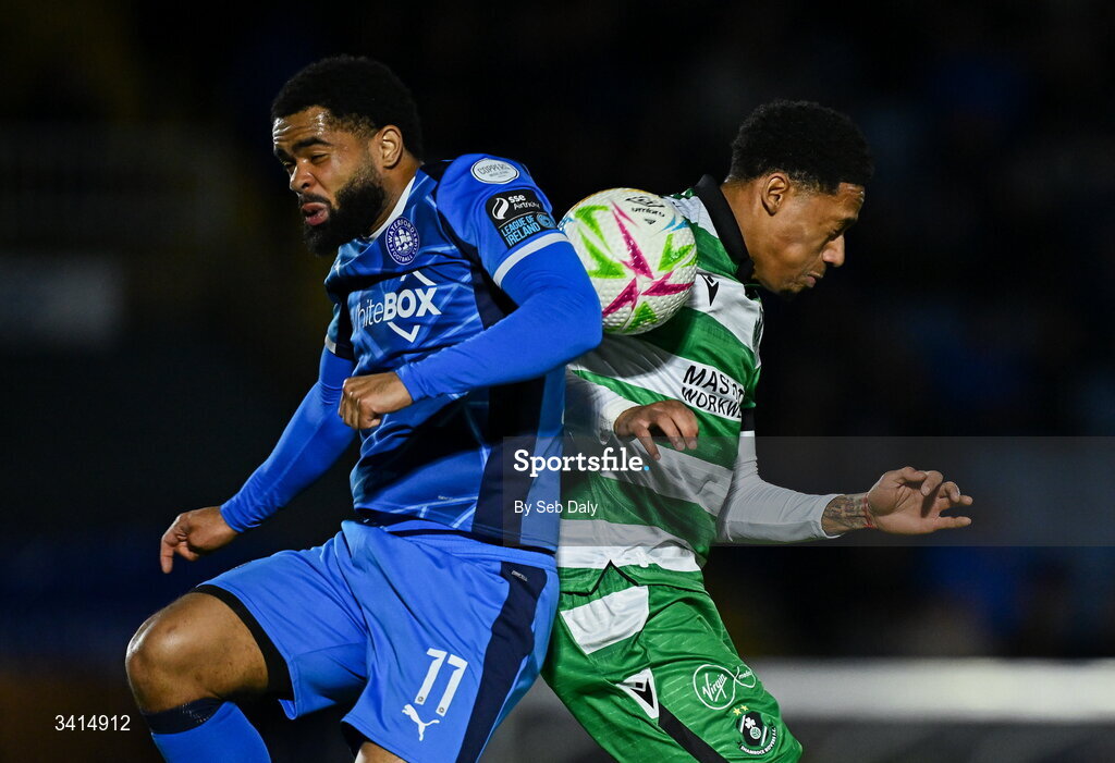 3 April 2026; Trae Bailey Coyle of Waterford in action against Maleace Asamoah of Shamrock Rovers during the SSE Airtricity Men's Premier Division match between Waterford and Shamrock Rovers at the RSC in Waterford. Photo by Seb Daly/Sportsfile