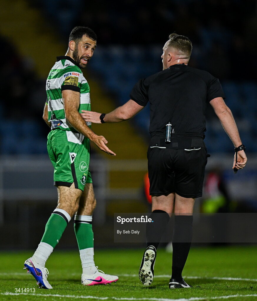 3 April 2026; Roberto Lopes of Shamrock Rovers remonstrates with referee Alan Patchell during the SSE Airtricity Men's Premier Division match between Waterford and Shamrock Rovers at the RSC in Waterford. Photo by Seb Daly/Sportsfile