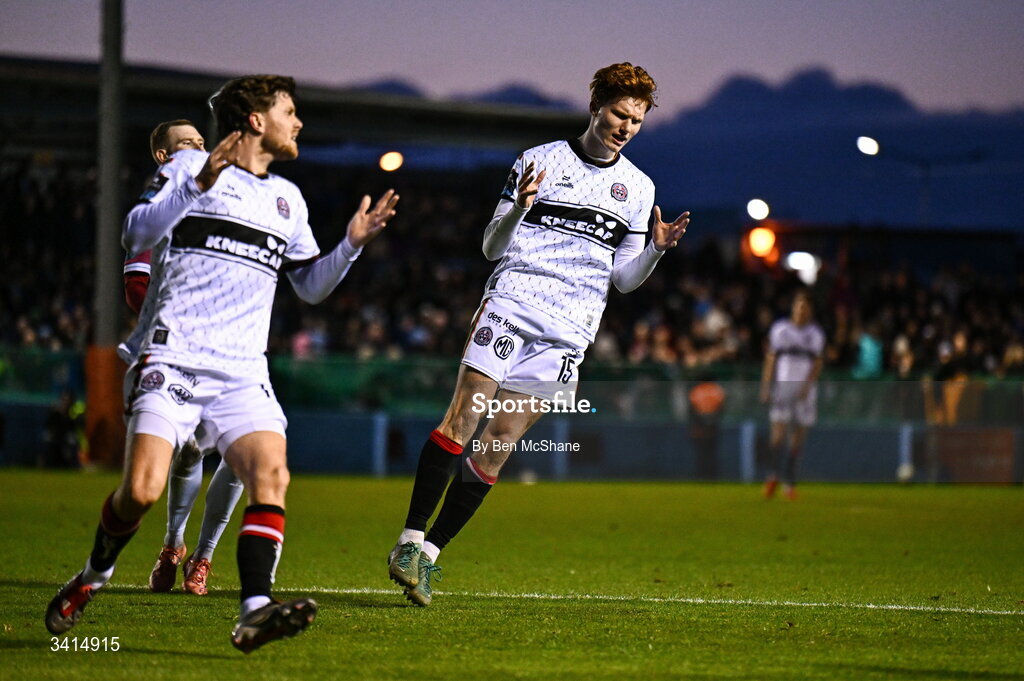 3 April 2026; Senan Mullen of Bohemians reacts after a missed opportunity on goal during the SSE Airtricity Men's Premier Division match between Drogheda United and Bohemians at Sullivan & Lambe Park in Drogheda, Louth. Photo by Ben McShane/Sportsfile