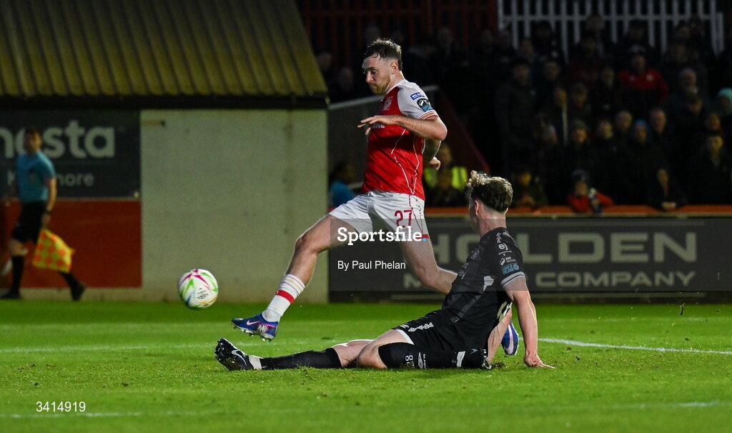 3 April 2026; Ryan Edmondson of St Patrick's Athletic scores his side's second goal during the SSE Airtricity Men's Premier Division match between St Patrick's Athletic and Sligo Rovers at Richmond Park in Dublin. Photo by Paul Phelan/Sportsfile