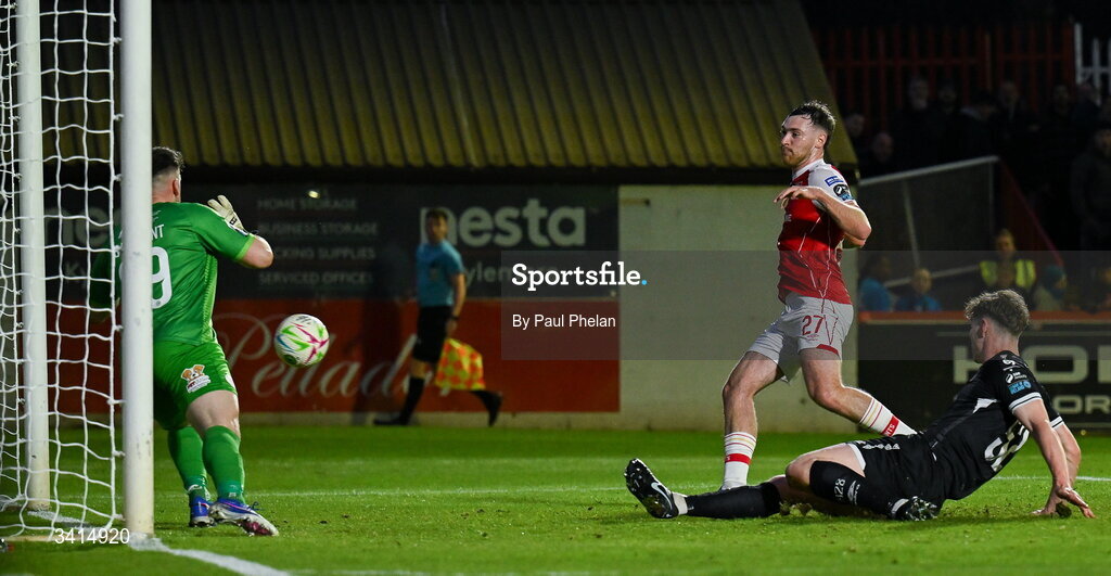 3 April 2026; Ryan Edmondson of St Patrick's Athletic scores his side's second goal during the SSE Airtricity Men's Premier Division match between St Patrick's Athletic and Sligo Rovers at Richmond Park in Dublin. Photo by Paul Phelan/Sportsfile