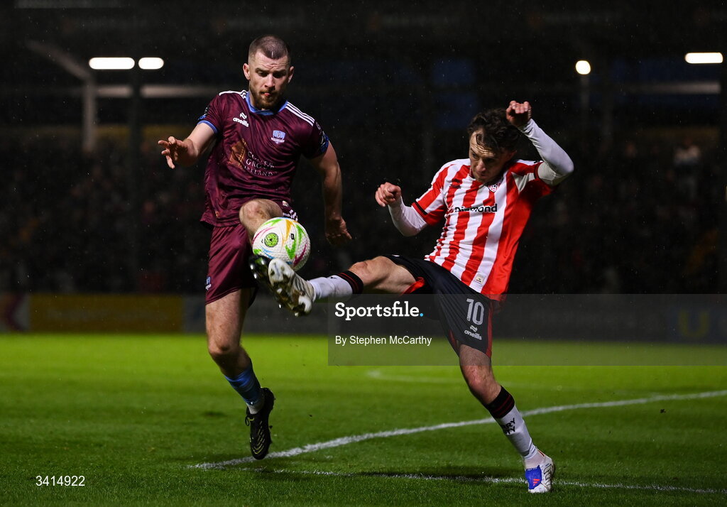 3 April 2026; Aaron Bolger of Galway United in action against Darragh Markey of Derry City during the SSE Airtricity Men's Premier Division match between Galway United and Derry City at Eamonn Deacy Park in Galway. Photo by Stephen McCarthy/Sportsfile