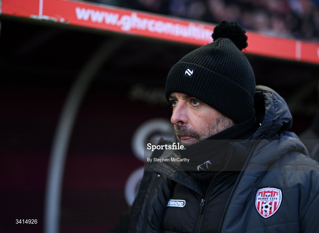 3 April 2026; Derry City manager Tiernan Lynch before the SSE Airtricity Men's Premier Division match between Galway United and Derry City at Eamonn Deacy Park in Galway. Photo by Stephen McCarthy/Sportsfile