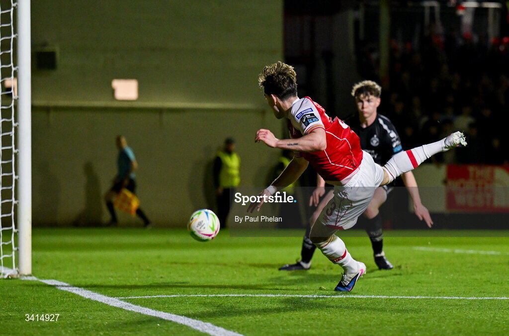3 April 2026; Anto Breslin of St Patrick's Athletic scores his side's third goal during the SSE Airtricity Men's Premier Division match between St Patrick's Athletic and Sligo Rovers at Richmond Park in Dublin. Photo by Paul Phelan/Sportsfile