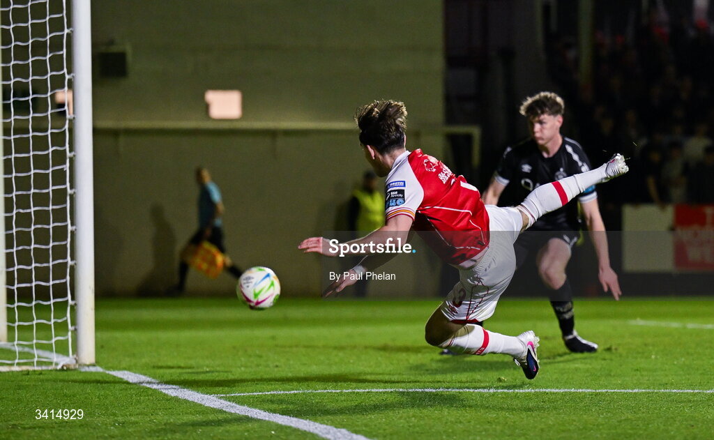 3 April 2026; Anto Breslin of St Patrick's Athletic scores his side's third goal during the SSE Airtricity Men's Premier Division match between St Patrick's Athletic and Sligo Rovers at Richmond Park in Dublin. Photo by Paul Phelan/Sportsfile