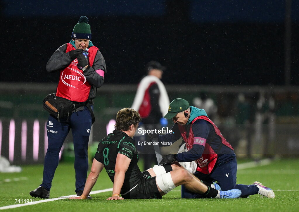 3 April 2026; Cian Prendergast of Connacht receives medical attention during the EPCR Challenge Cup match between Connacht and Hollywoodbets Sharks at Dexcom Stadium in Galway. Photo by Brendan Moran/Sportsfile