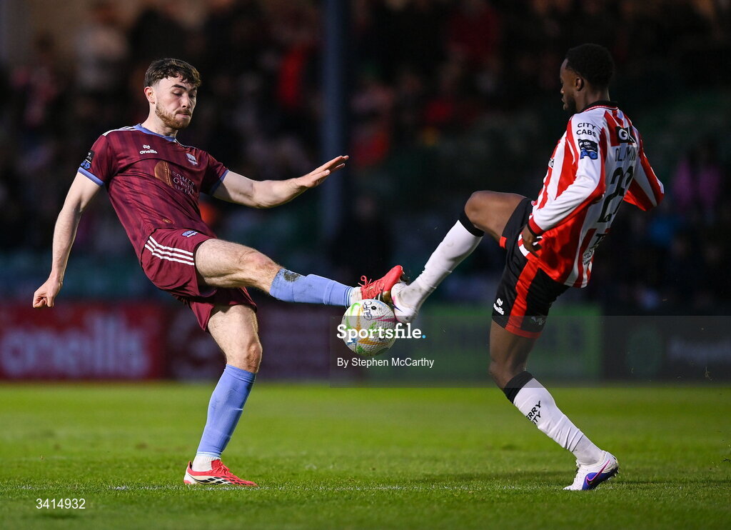 3 April 2026; Connor Barratt of Galway United in action against James Olayinka of Derry City during the SSE Airtricity Men's Premier Division match between Galway United and Derry City at Eamonn Deacy Park in Galway. Photo by Stephen McCarthy/Sportsfile