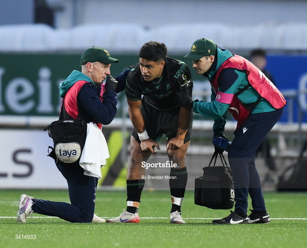 3 April 2026; Josh Ioane of Connacht receives medical attention during the EPCR Challenge Cup match between Connacht and Hollywoodbets Sharks at Dexcom Stadium in Galway. Photo by Brendan Moran/Sportsfile