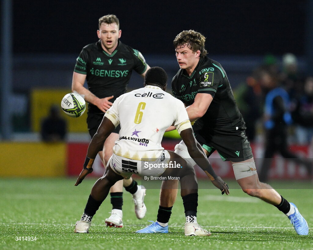 3 April 2026; Cian Prendergast of Connacht in action against Tino Mavesere of Hollywoodbets Sharks during the EPCR Challenge Cup match between Connacht and Hollywoodbets Sharks at Dexcom Stadium in Galway. Photo by Brendan Moran/Sportsfile