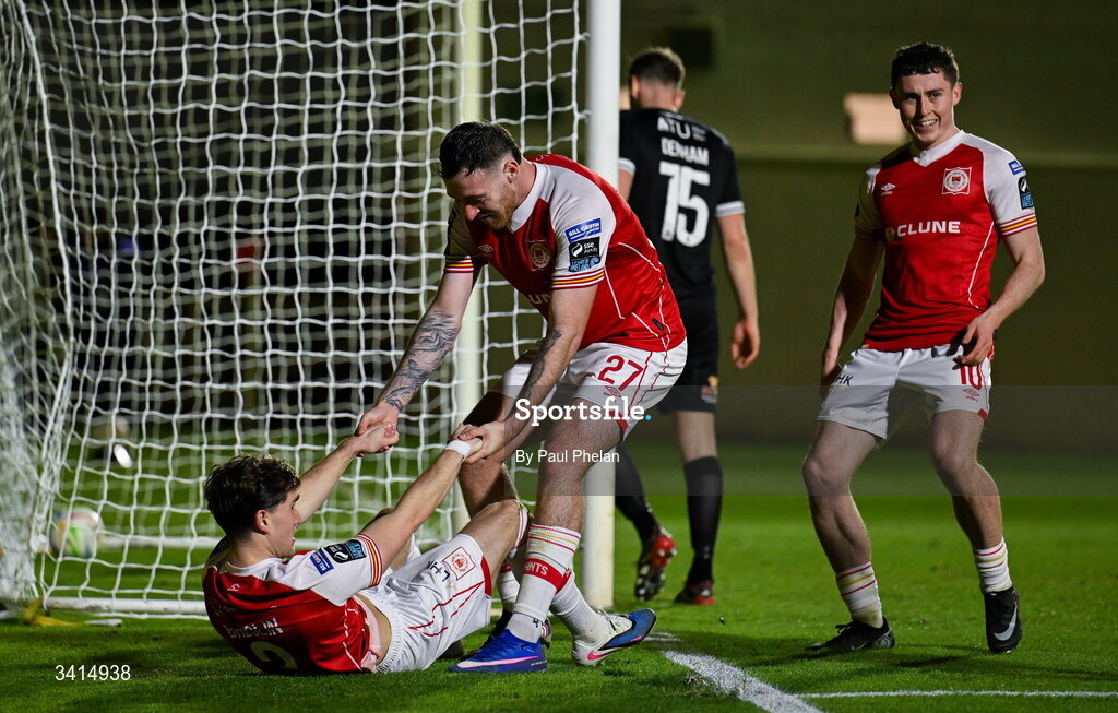 3 April 2026; Anto Breslin of St Patrick's Athletic is lifted by Ryan Edmondson after scoring his side's third goalduring the SSE Airtricity Men's Premier Division match between St Patrick's Athletic and Sligo Rovers at Richmond Park in Dublin. Photo by Paul Phelan/Sportsfile
