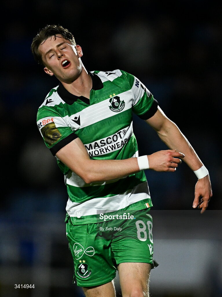 3 April 2026; John McGovern of Shamrock Rovers reacts during the SSE Airtricity Men's Premier Division match between Waterford and Shamrock Rovers at the RSC in Waterford. Photo by Seb Daly/Sportsfile