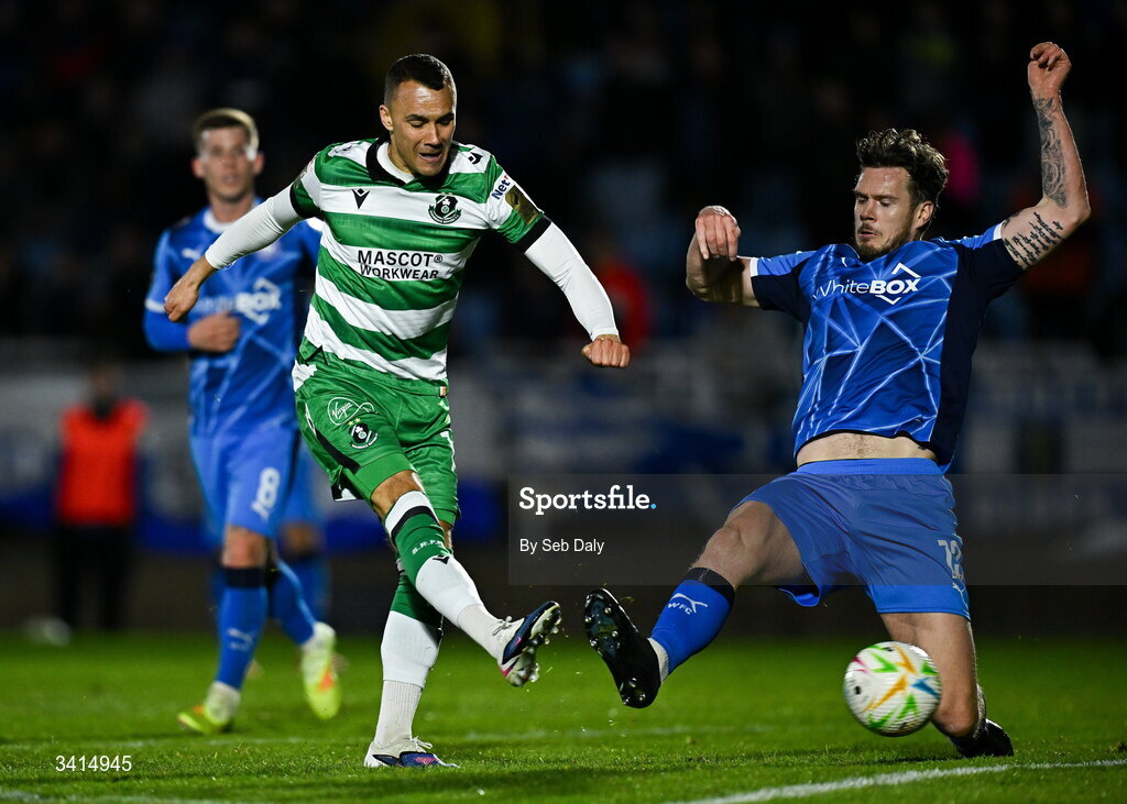 3 April 2026; Graham Burke of Shamrock Rovers in action against Kevin Long of Waterford during the SSE Airtricity Men's Premier Division match between Waterford and Shamrock Rovers at the RSC in Waterford. Photo by Seb Daly/Sportsfile