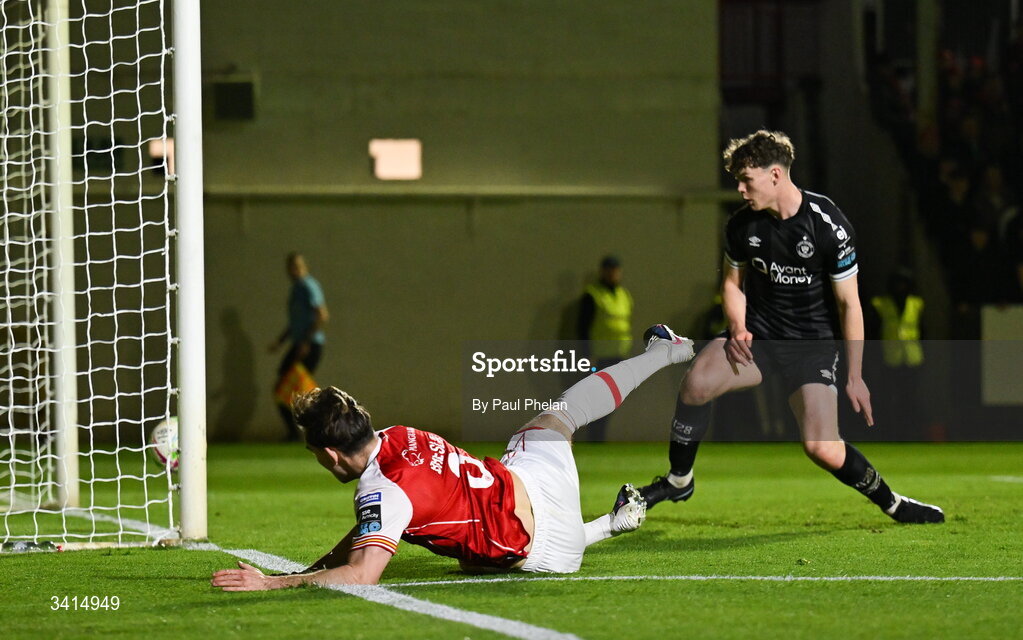 3 April 2026; Anto Breslin of St Patrick's Athletic scores his side's third goal during the SSE Airtricity Men's Premier Division match between St Patrick's Athletic and Sligo Rovers at Richmond Park in Dublin. Photo by Paul Phelan/Sportsfile