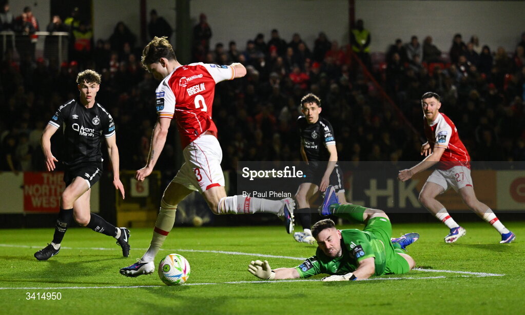 3 April 2026; Anto Breslin of St Patrick's Athletic scores his side's third goal during the SSE Airtricity Men's Premier Division match between St Patrick's Athletic and Sligo Rovers at Richmond Park in Dublin. Photo by Paul Phelan/Sportsfile