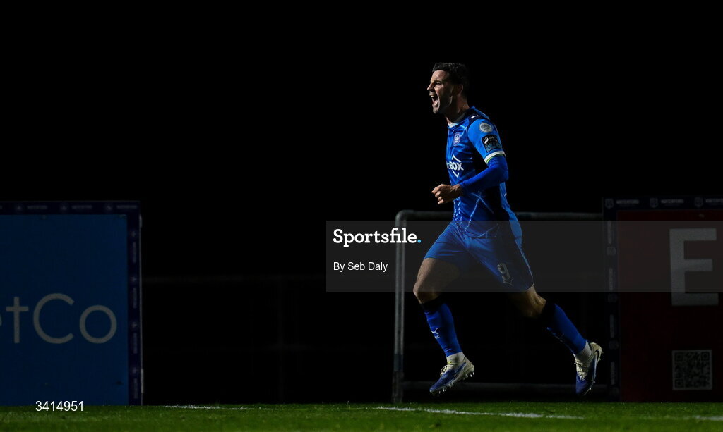 3 April 2026; Pádraig Amond of Waterford celebrates after scoring his side's first goal during the SSE Airtricity Men's Premier Division match between Waterford and Shamrock Rovers at the RSC in Waterford. Photo by Seb Daly/Sportsfile