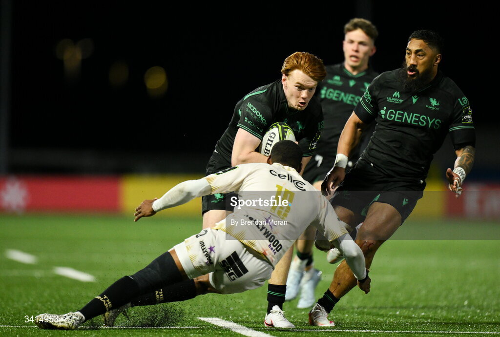 3 April 2026; Shane Jennings of Connacht in action against Hakeem Kunene of Hollywoodbets Sharks during the EPCR Challenge Cup match between Connacht and Hollywoodbets Sharks at Dexcom Stadium in Galway. Photo by Brendan Moran/Sportsfile