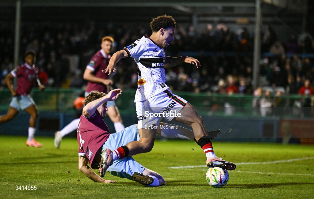 3 April 2026; Zane Myers of Bohemians is tackled by Andrew Quinn of Drogheda United during the SSE Airtricity Men's Premier Division match between Drogheda United and Bohemians at Sullivan & Lambe Park in Drogheda, Louth. Photo by Ben McShane/Sportsfile