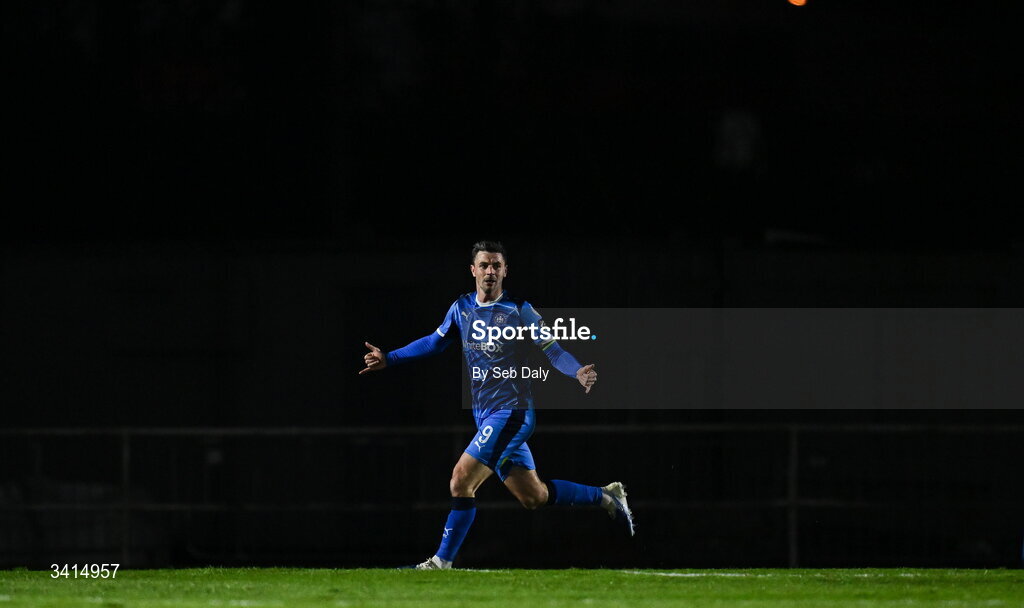 3 April 2026; Pádraig Amond of Waterford celebrates after scoring his side's first goal during the SSE Airtricity Men's Premier Division match between Waterford and Shamrock Rovers at the RSC in Waterford. Photo by Seb Daly/Sportsfile
