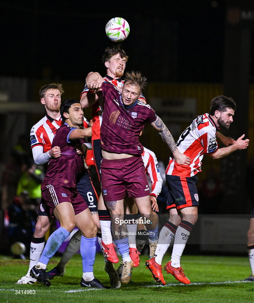 3 April 2026; Stephen Walsh of Galway United in action against Alex Bannon of Derry City during the SSE Airtricity Men's Premier Division match between Galway United and Derry City at Eamonn Deacy Park in Galway. Photo by Stephen McCarthy/Sportsfile