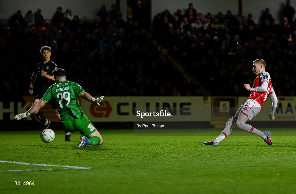 3 April 2026; Darragh Nugent of St Patrick's Athletic scores his side's fourth goal during the SSE Airtricity Men's Premier Division match between St Patrick's Athletic and Sligo Rovers at Richmond Park in Dublin. Photo by Paul Phelan/Sportsfile
